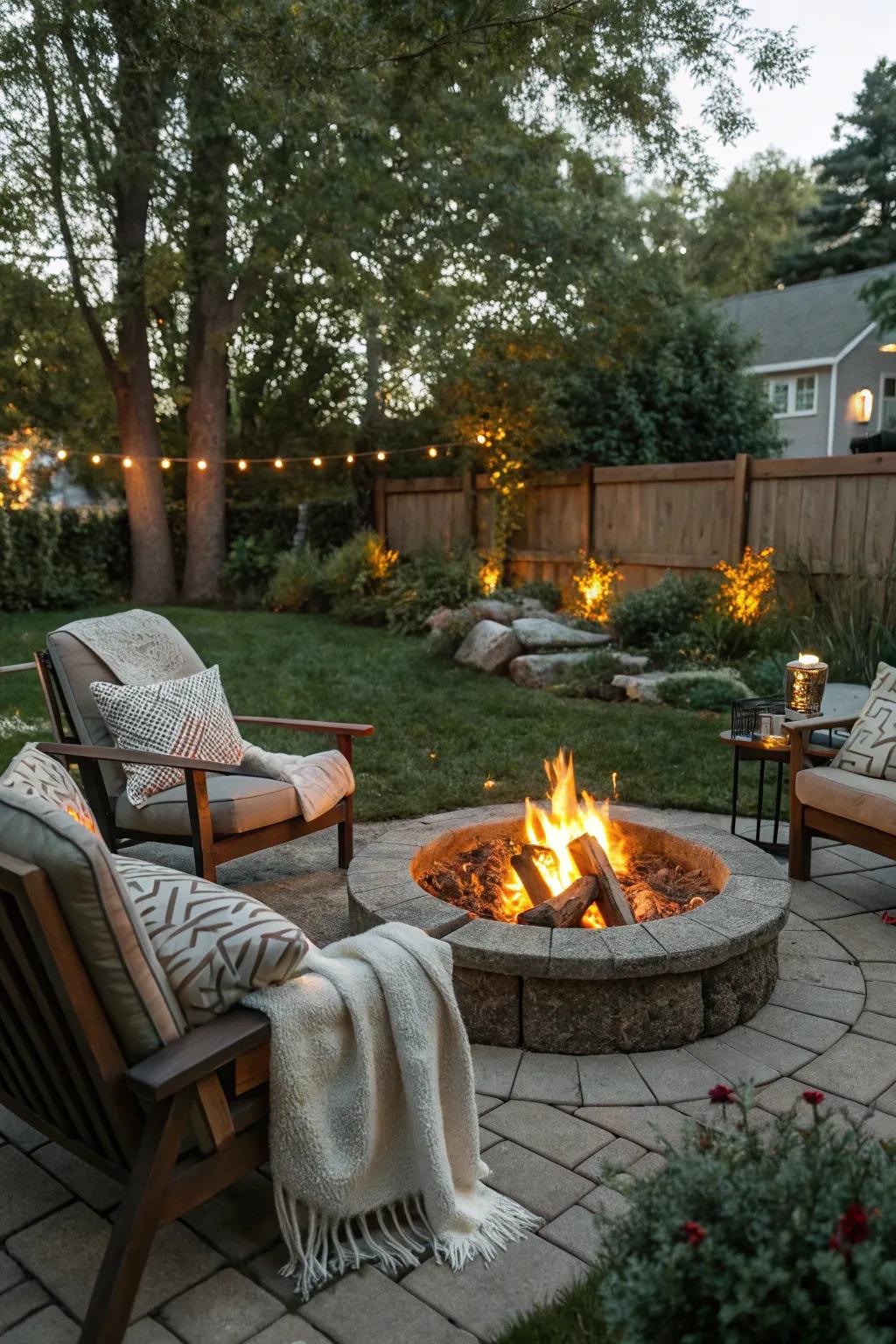 A warm fire pit serving as a central gathering point for guests.