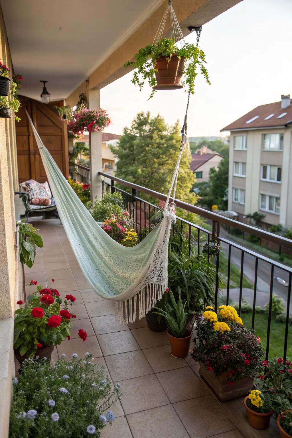 Set up a hammock for a unique and relaxing seating option.