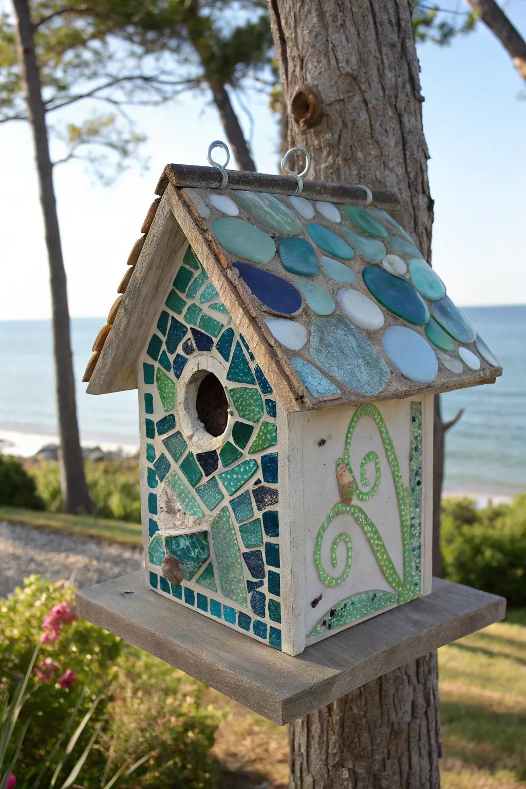 Coastal treasure: Sea glass mosaic birdhouse