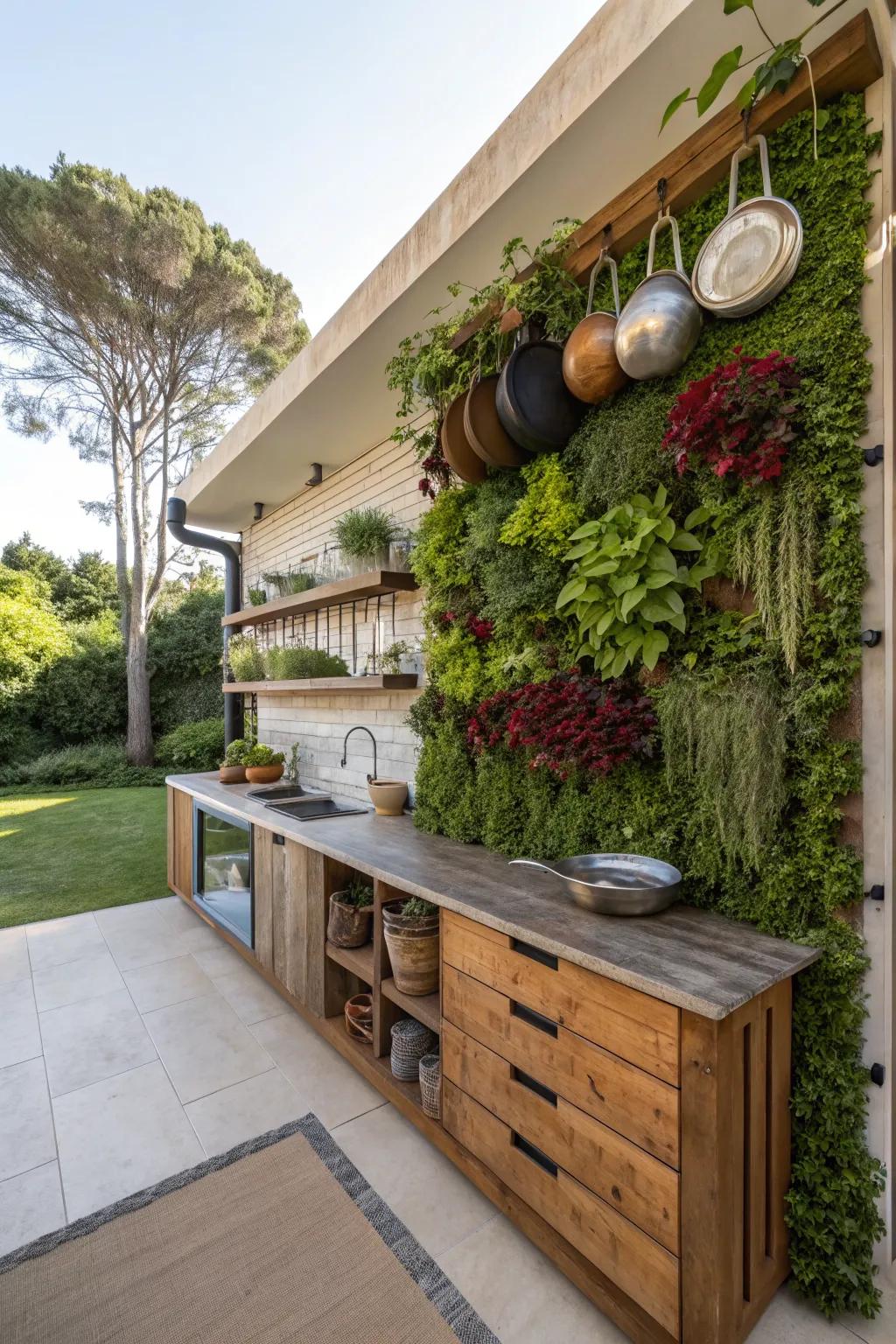 A lush vertical garden adding greenery and flavor to the kitchen