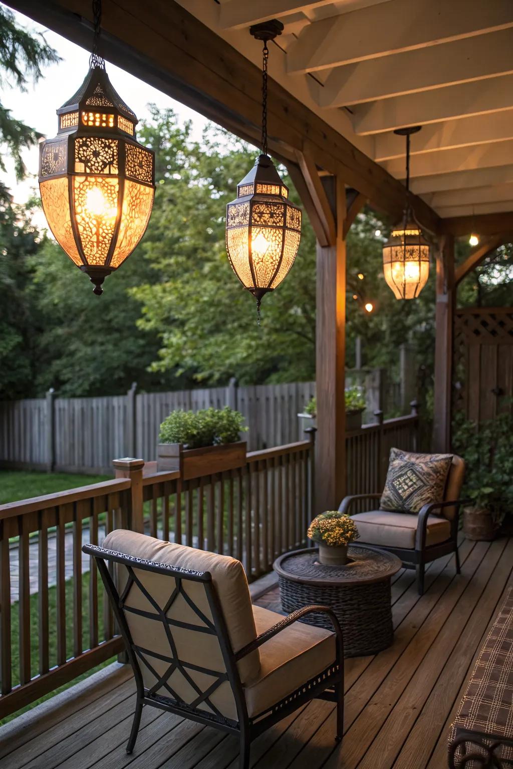 Illuminate your porch with elegant hanging lanterns.