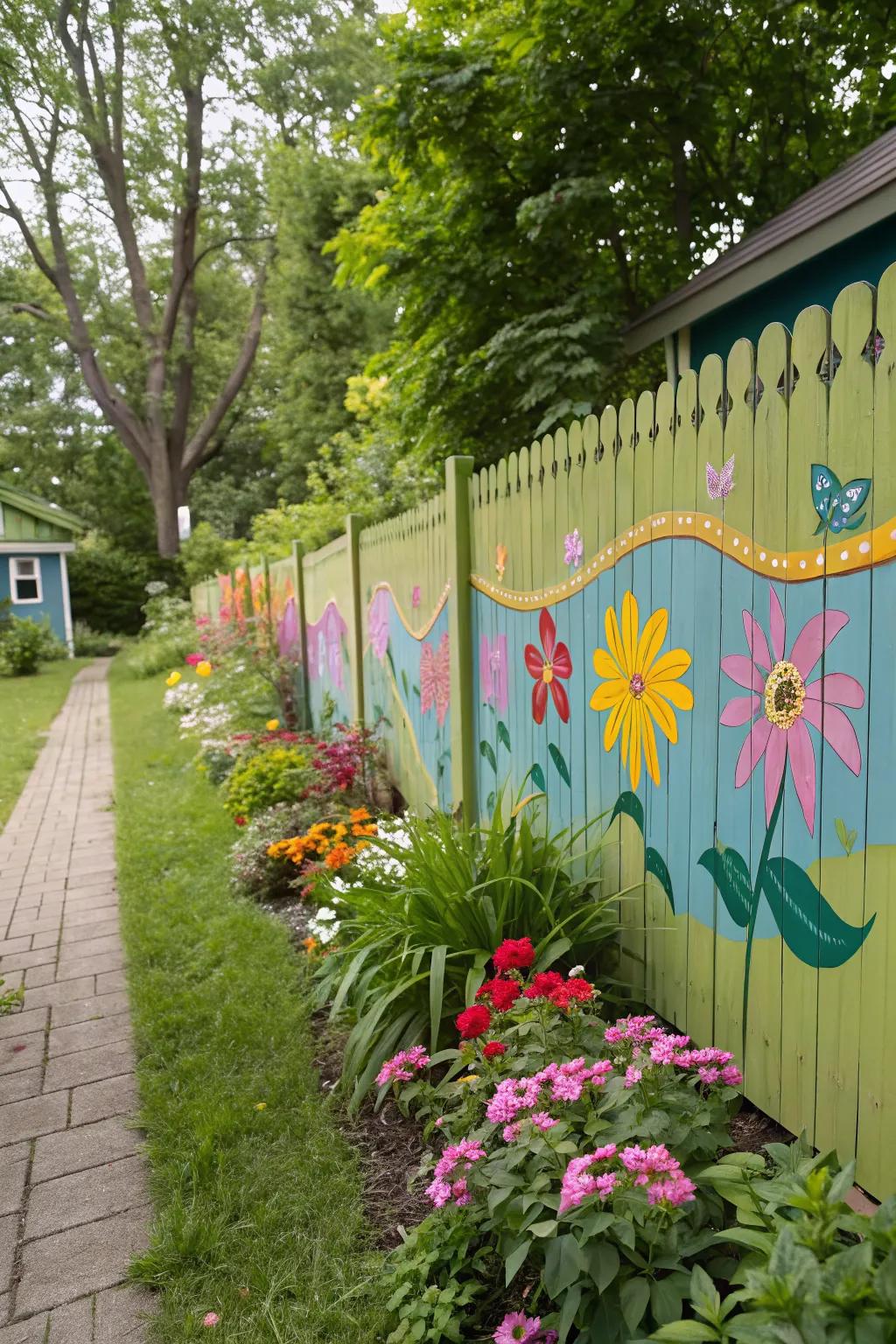 Murals transform fences into vibrant artistic canvases.