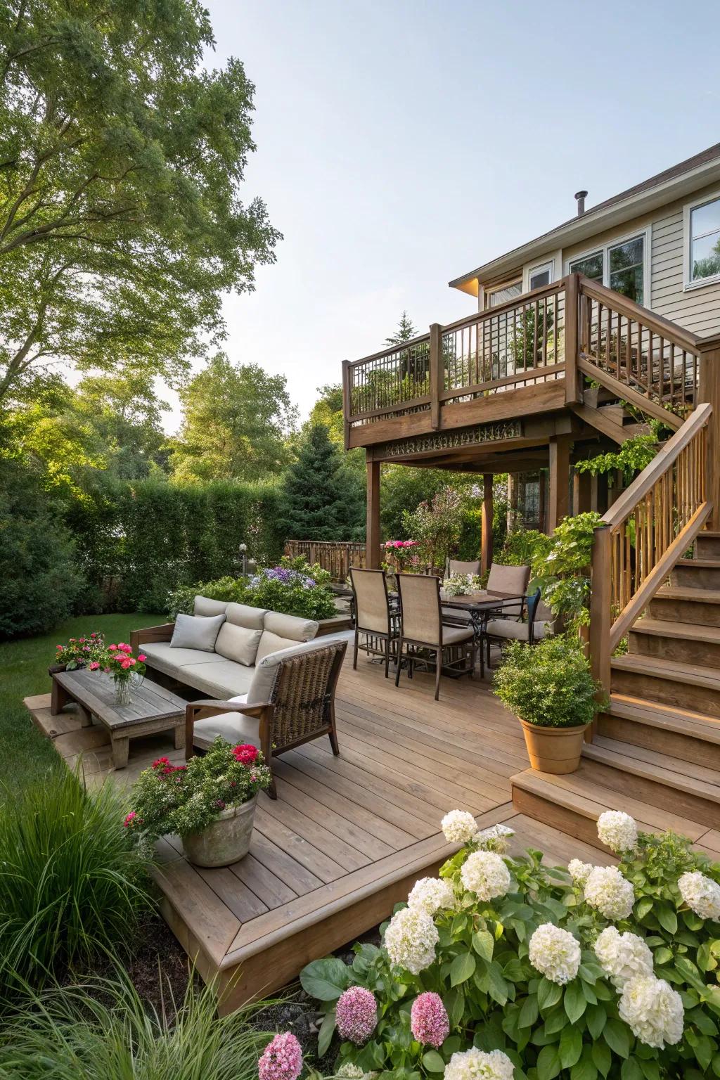 A multi-level deck adds dimension to your yard.