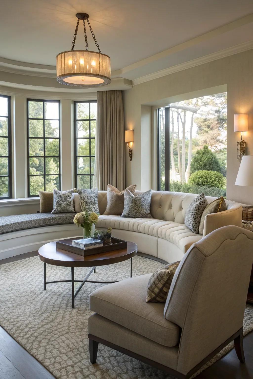 A curved corner bench that adds a soft touch to the living area.