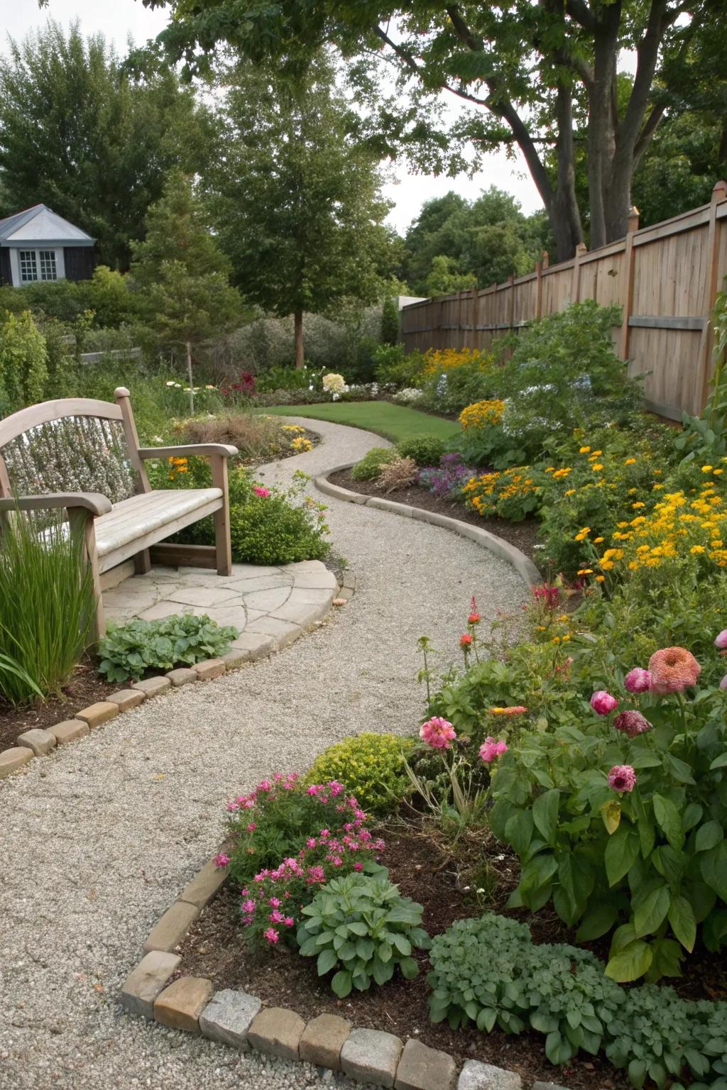 Decorative gravel adding texture and contrast to a corner lot landscape.