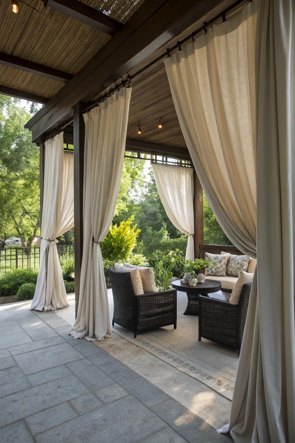 Outdoor curtains create a soft privacy barrier.
