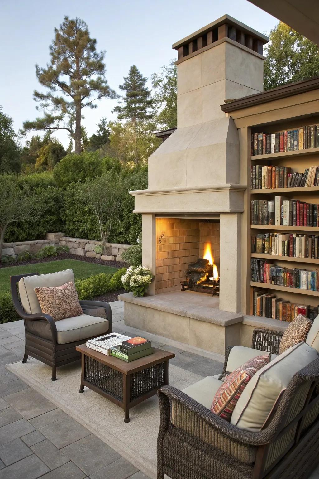 A corner fireplace with a cozy reading nook for book lovers.