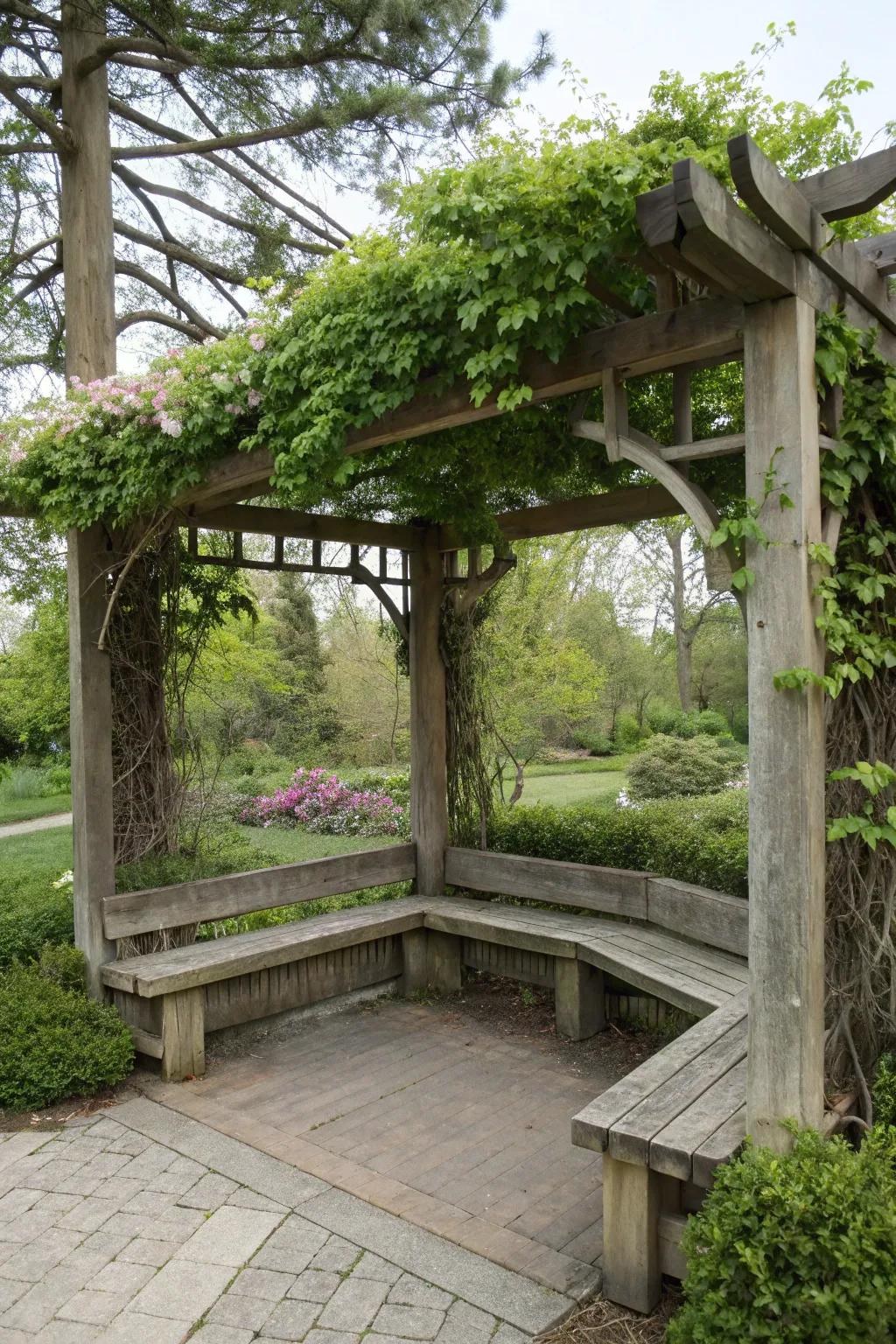 Integrated seating maximizes space and comfort in a pergola.