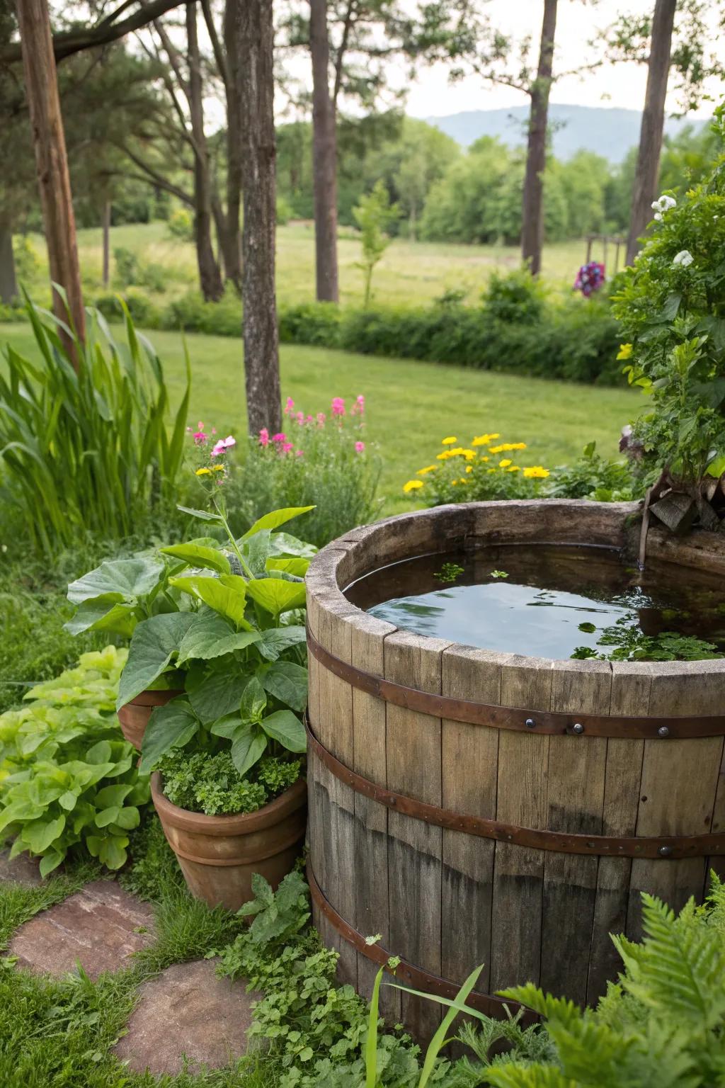 Barrel ponds add rustic charm to any garden.