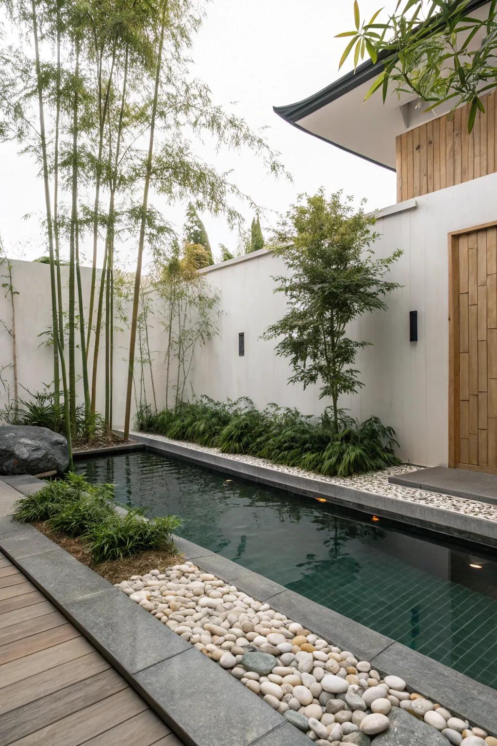 Zen garden elements bring tranquility to pool areas.