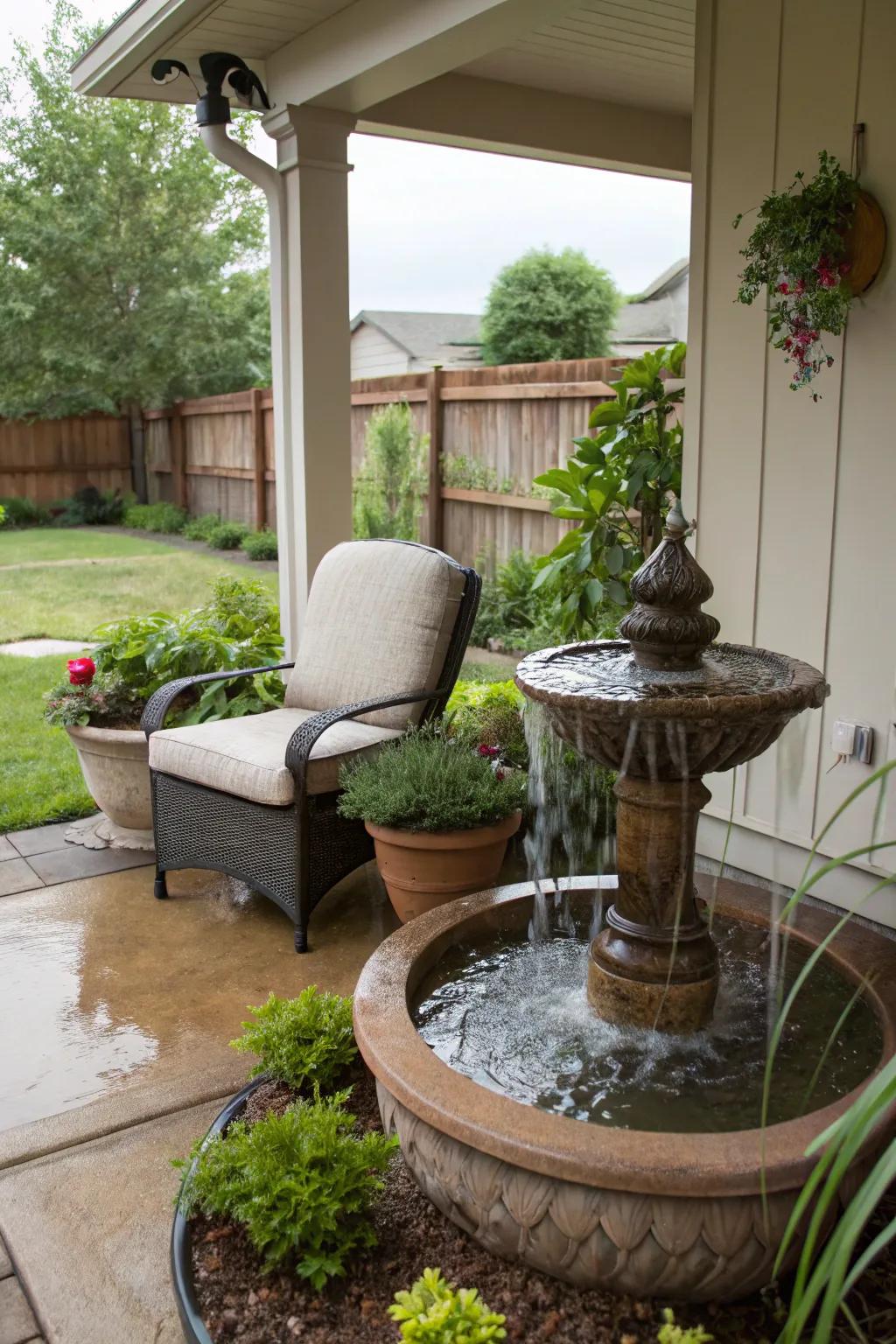 A calming water feature on a corner porch.
