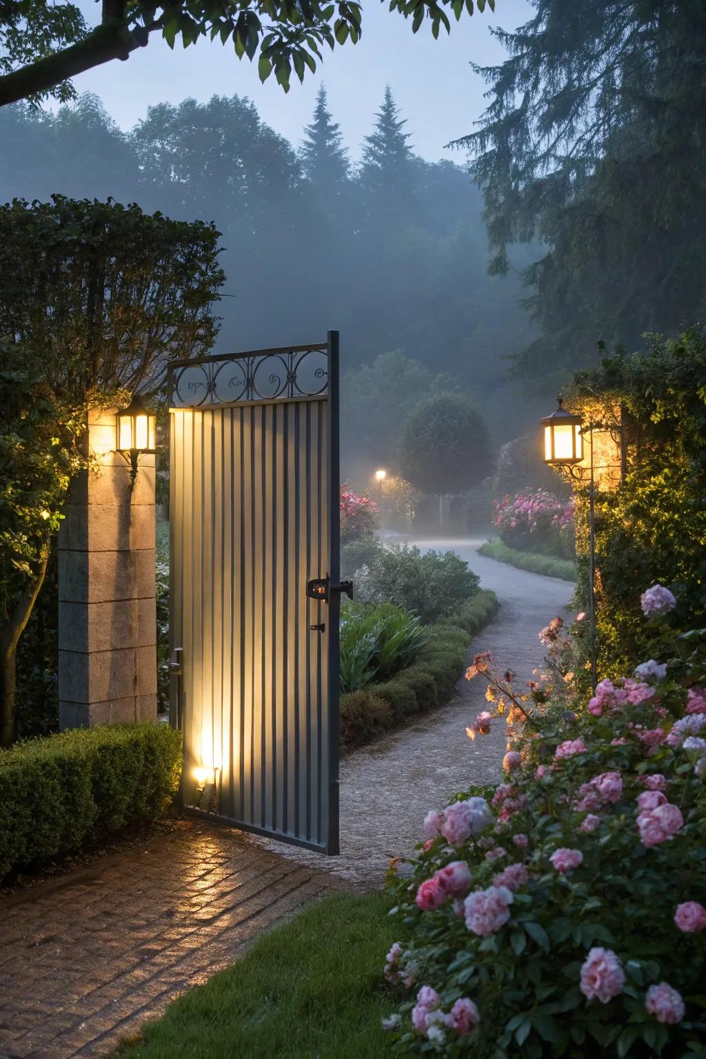 A beautifully lit gate that shines at night.