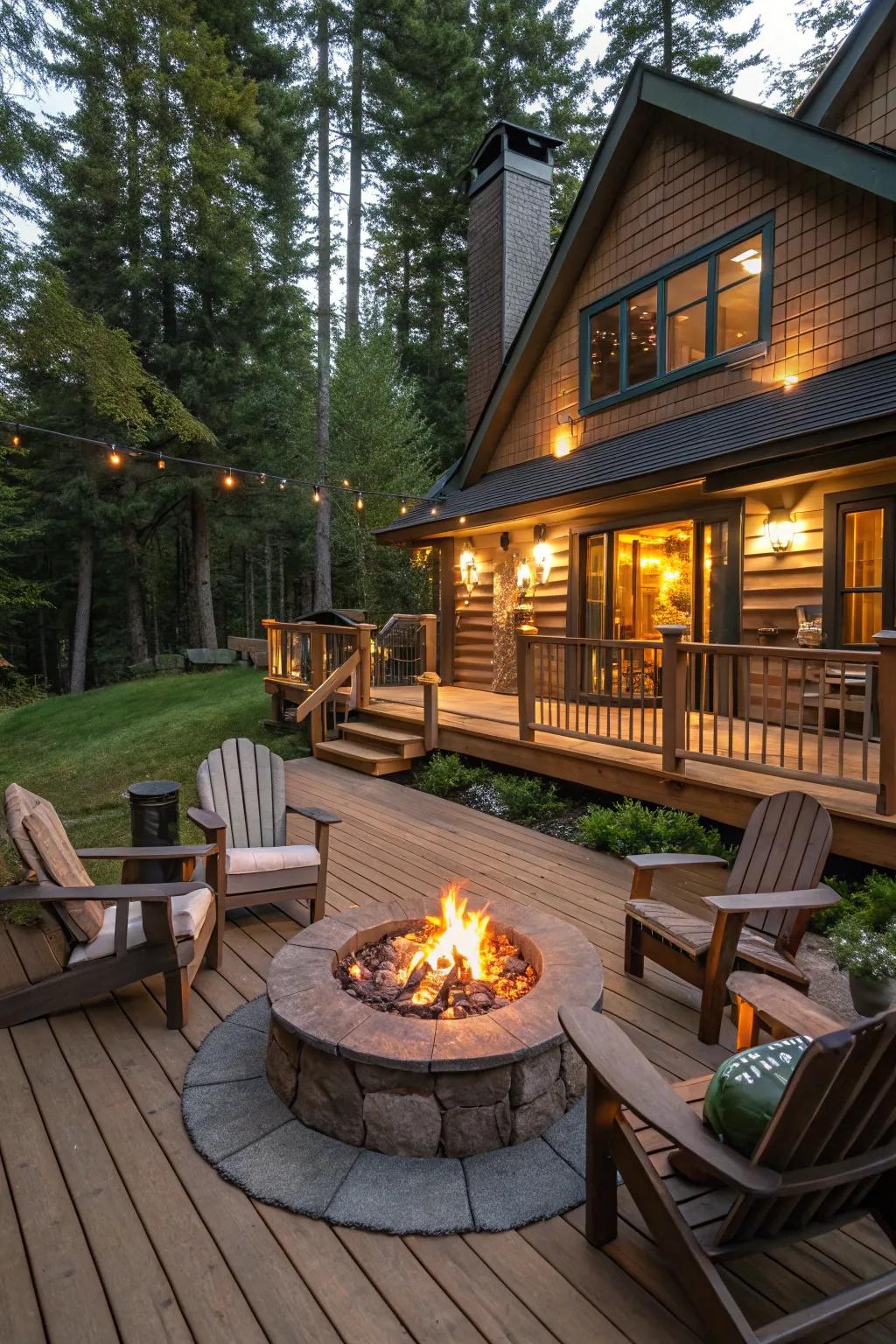 A cozy fire pit serves as a warm gathering spot on this deck.