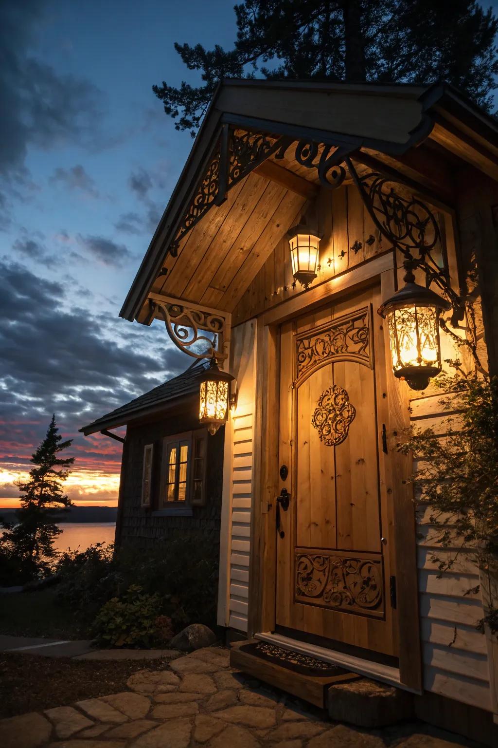 Lantern-style lights casting a warm glow by a cottage door.