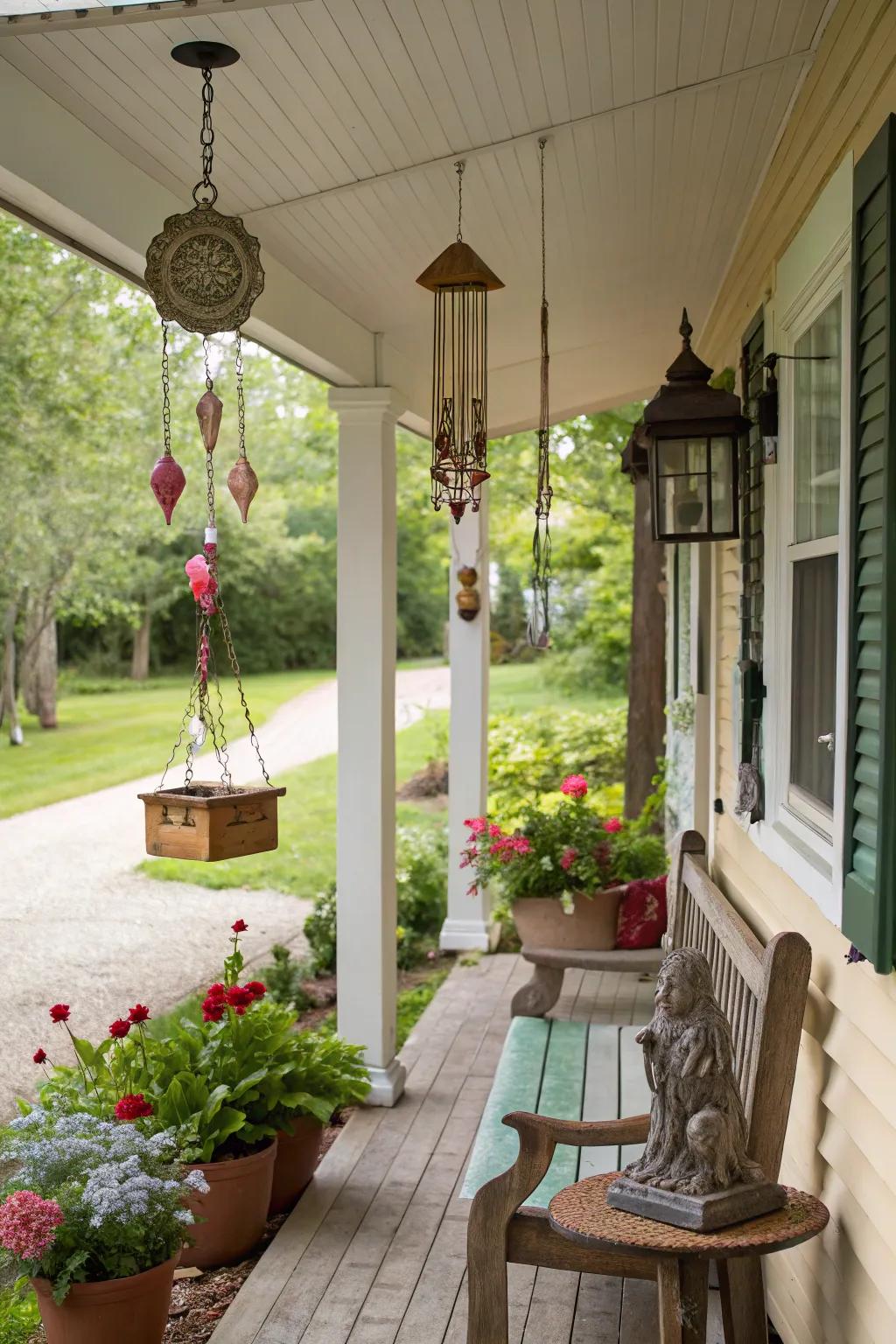 A whimsical cottage porch featuring playful and eclectic decor.