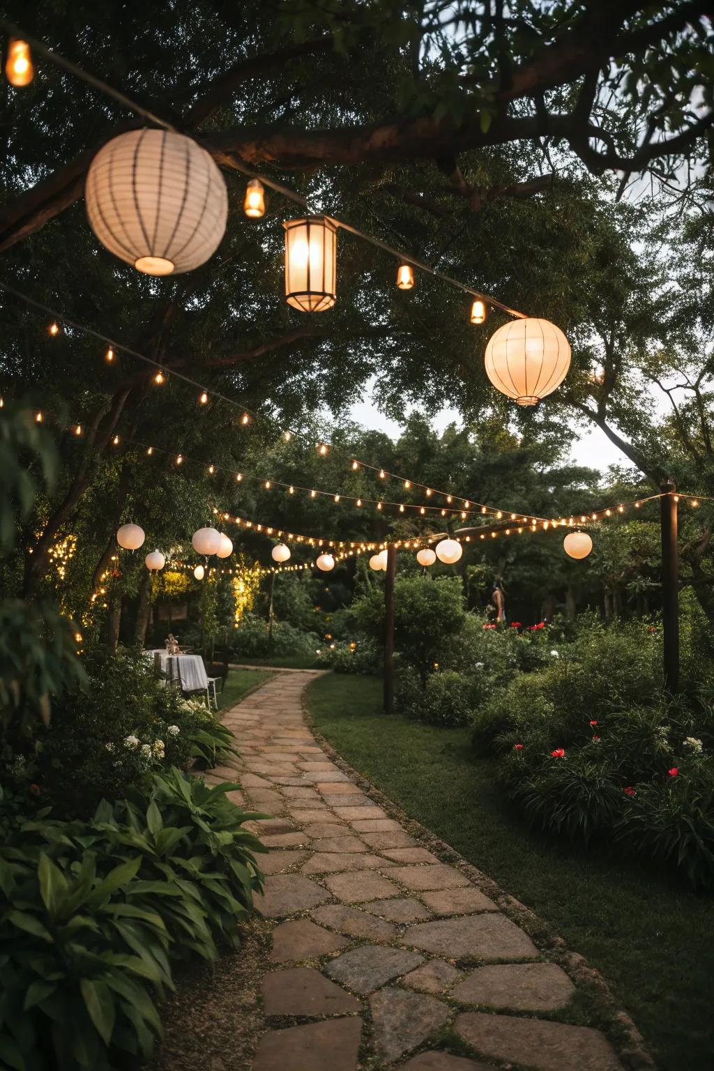 Eclectic lighting enhances the garden's ambiance at night.