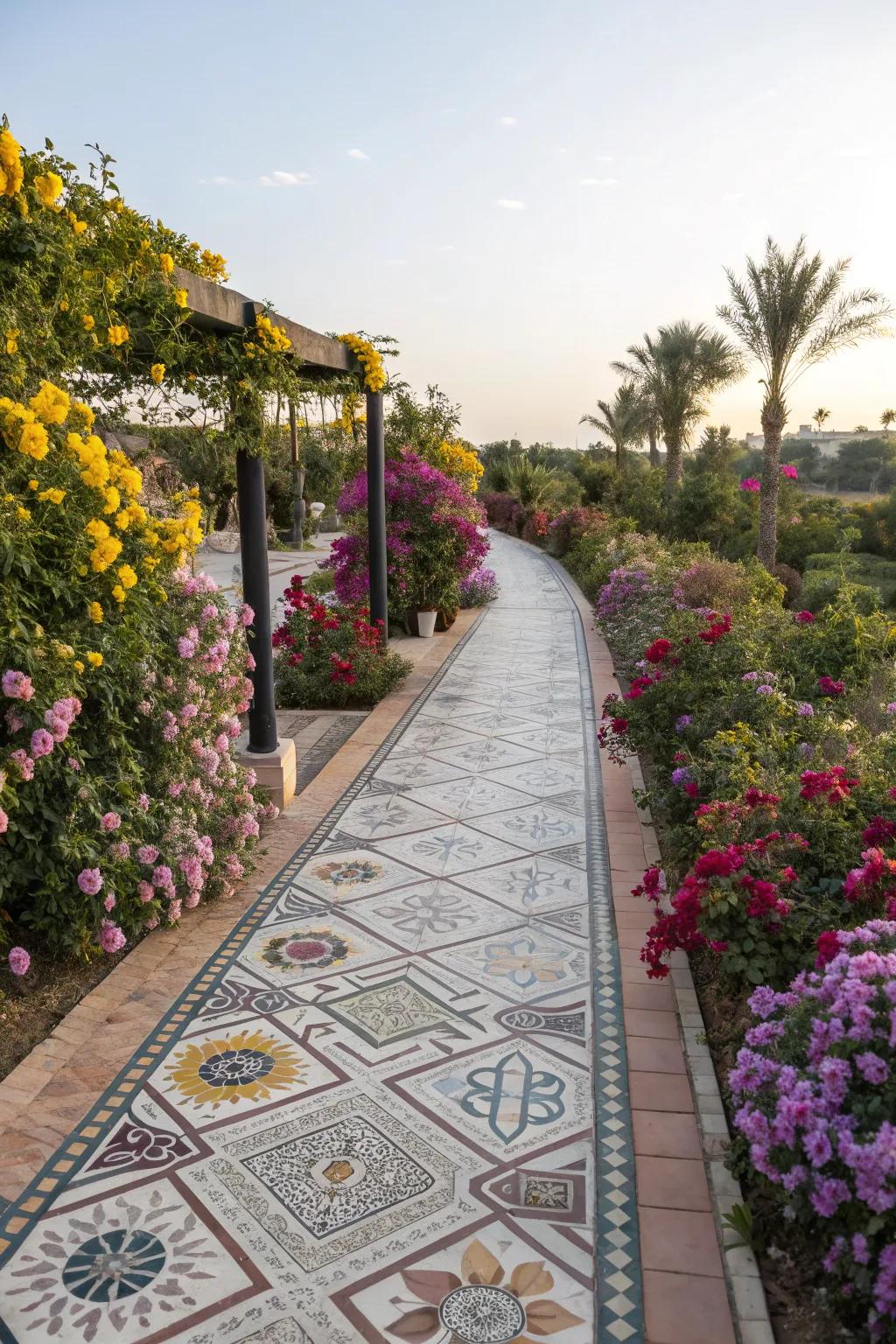 Colorful tiles adding a Mediterranean touch to a garden path.