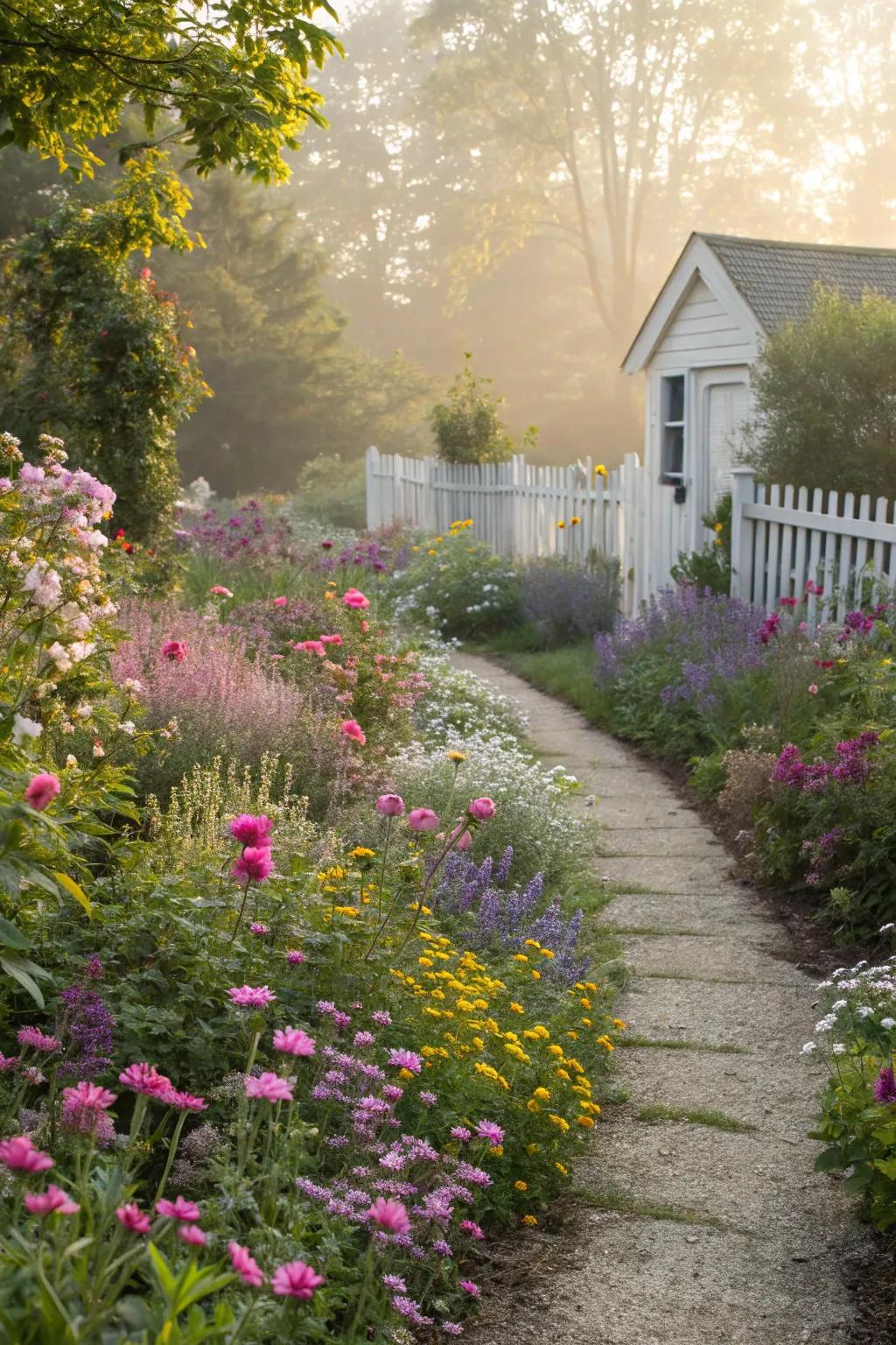Wildflower borders add bursts of color and life to garden paths.