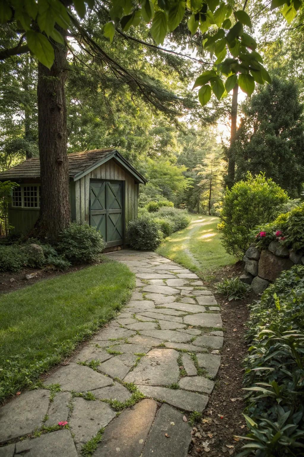 A stone pathway adds classic charm to this garden shed setting.