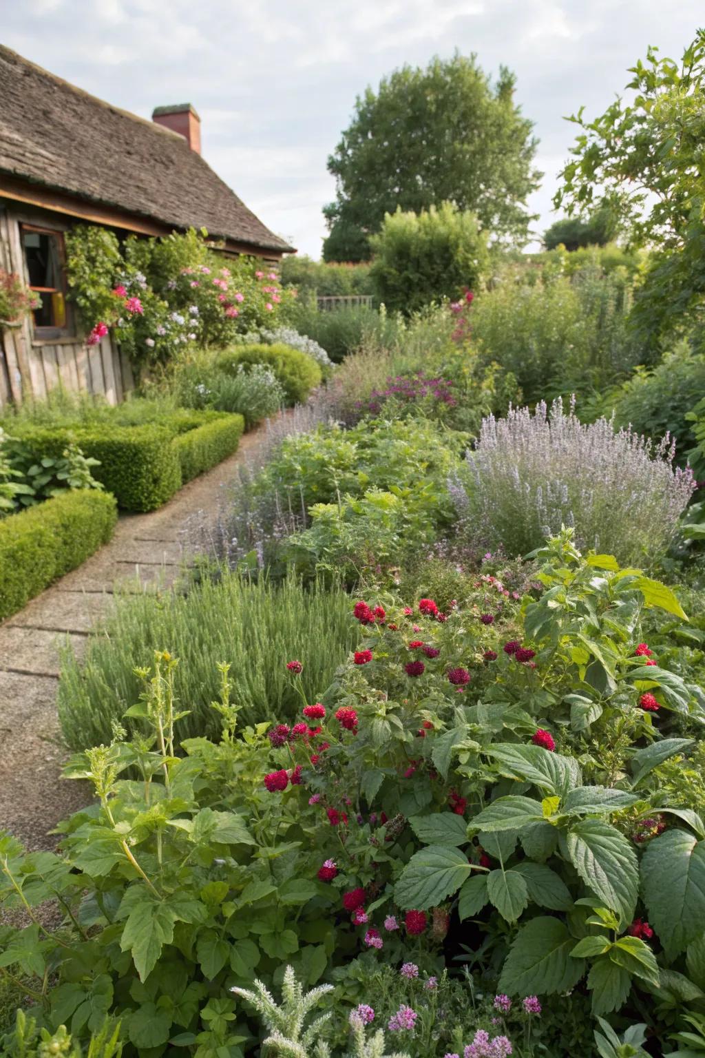 Edible plants adding both beauty and functionality to a cottage garden.