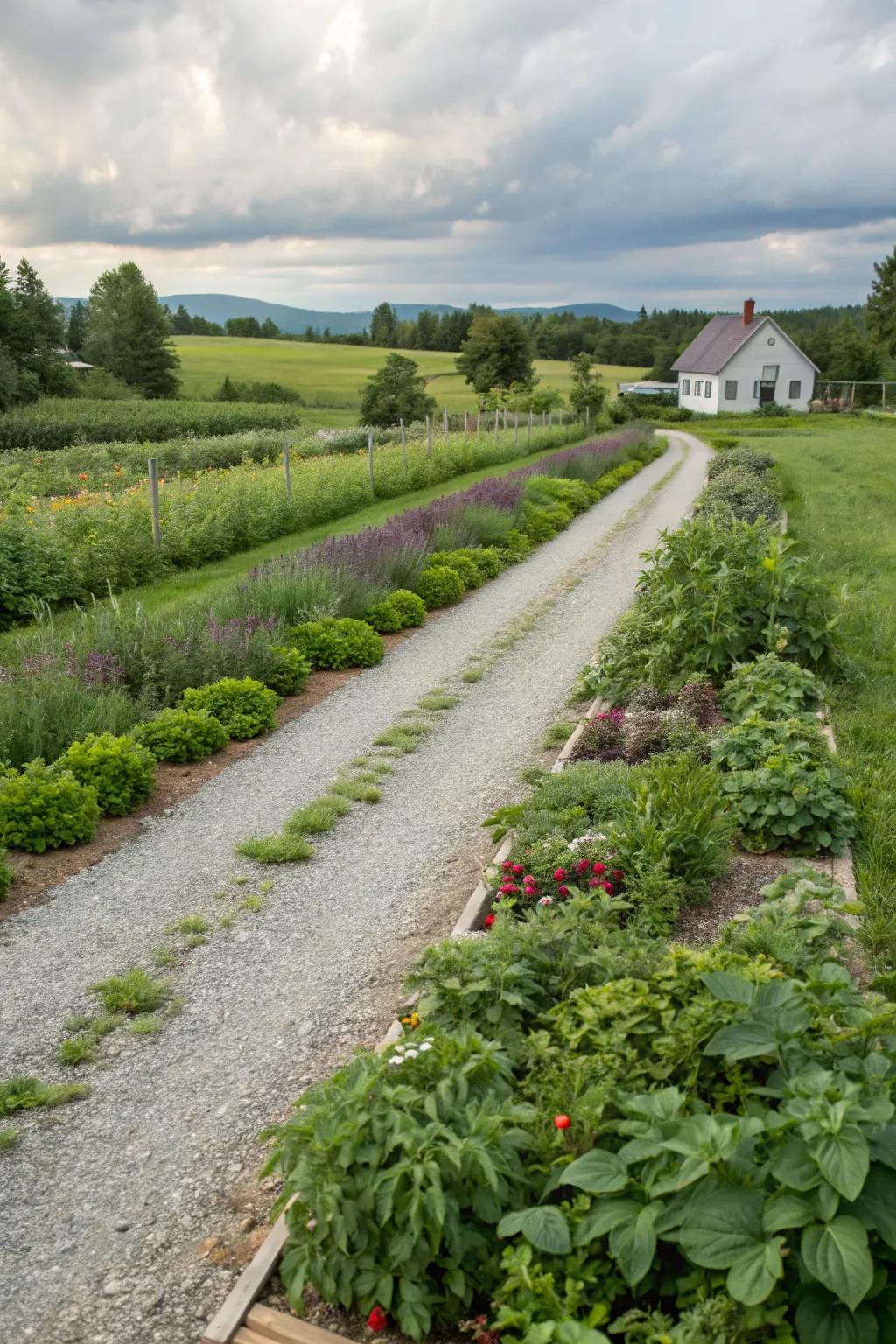 An edible garden bordering the driveway, featuring herbs and berries for a functional and beautiful landscape.