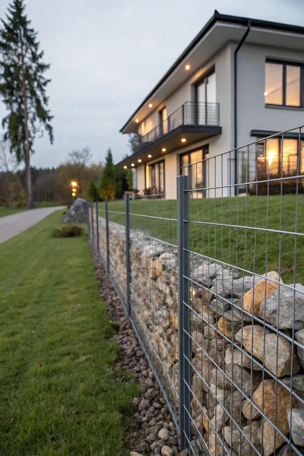A gabion fence is a unique blend of modern and rustic elements.