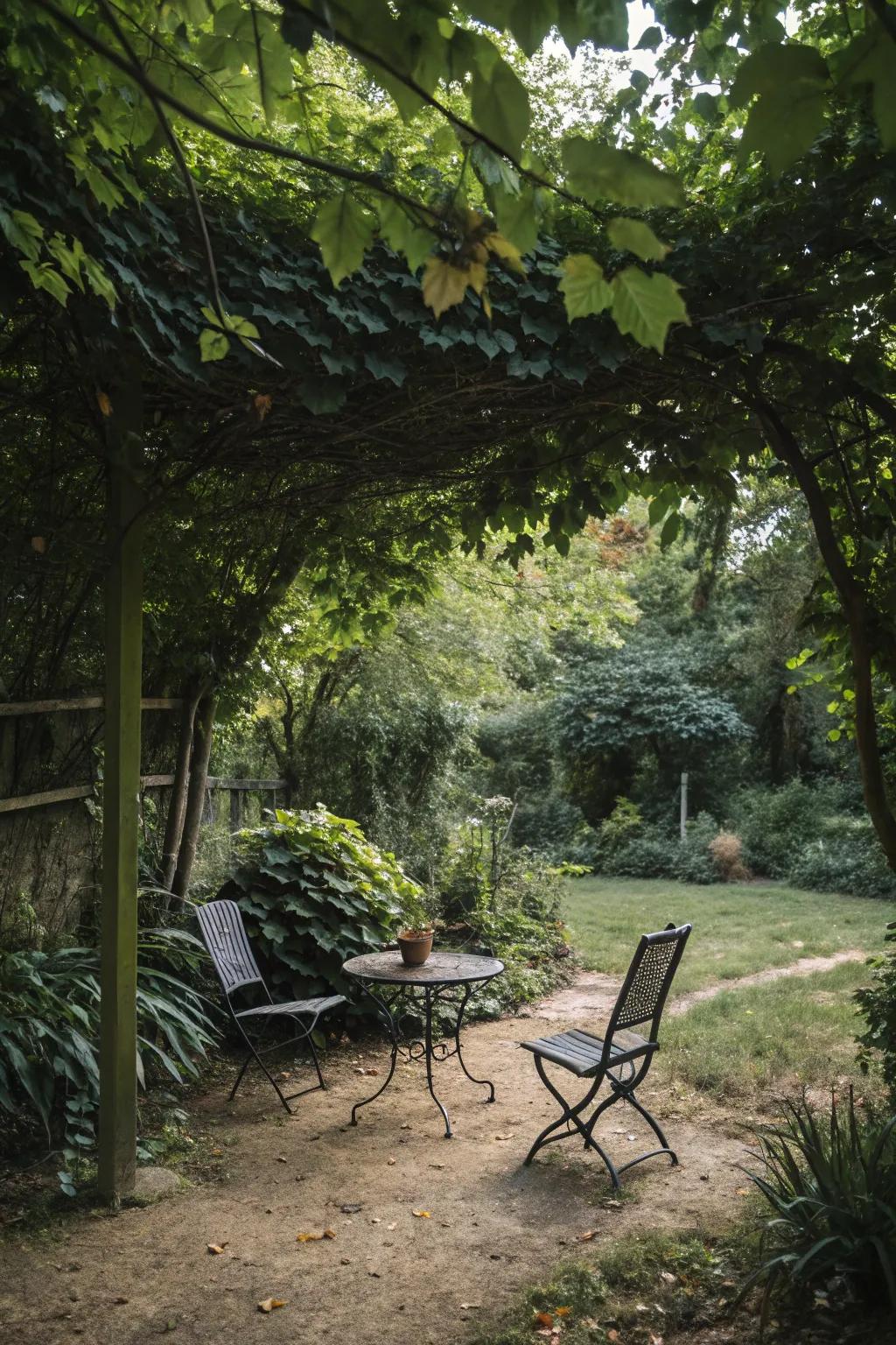 A cozy garden room enveloped in greenery for peaceful relaxation.