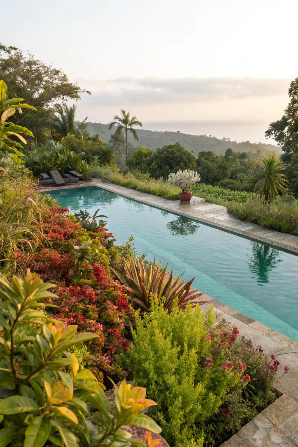 Landscape pockets adding vibrant greenery to the pool area.