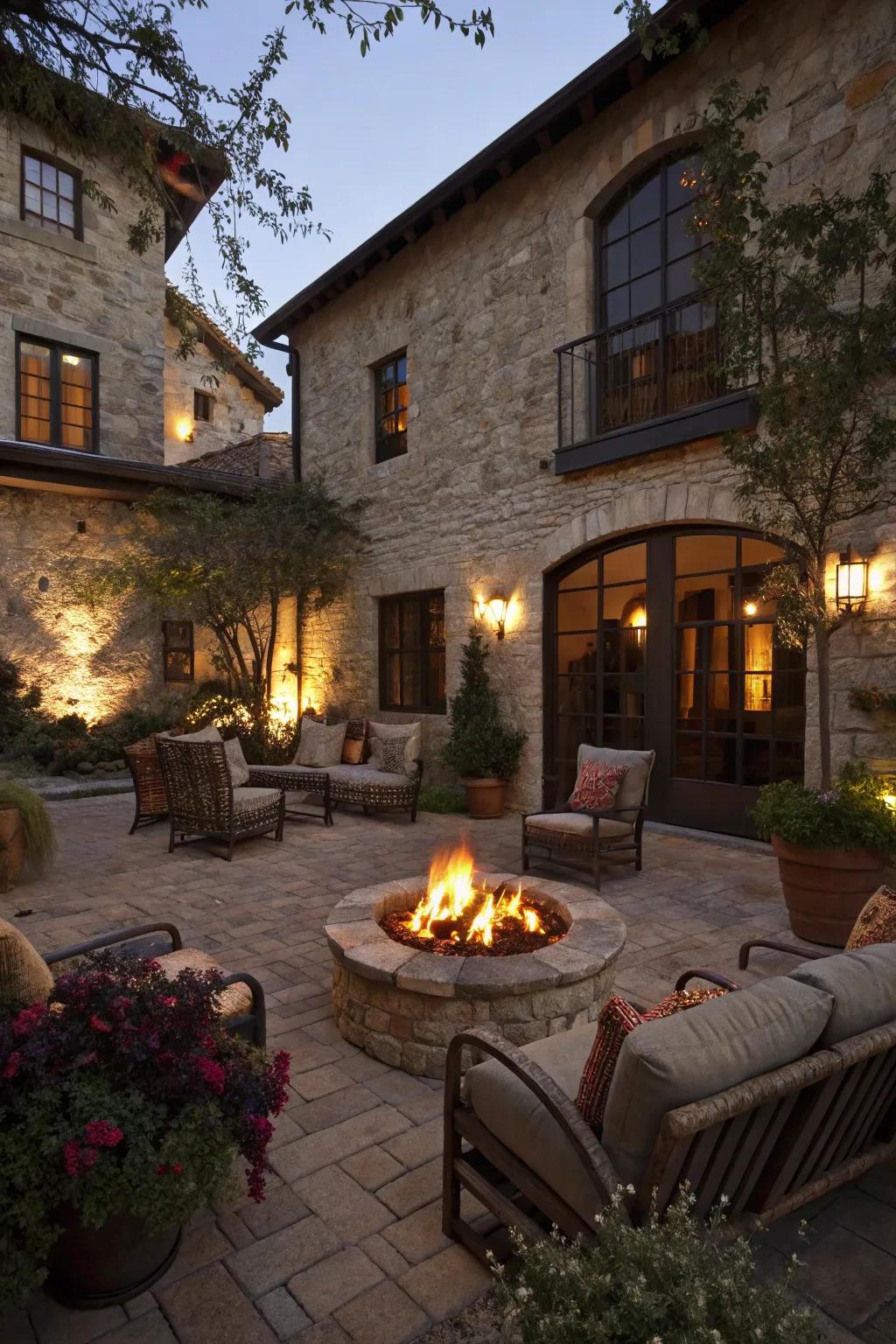 A fire pit offers warmth and an inviting ambiance.