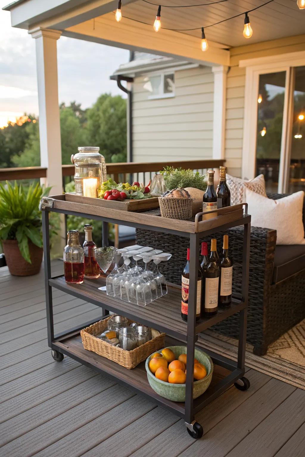 An outdoor bar cart makes entertaining on the deck easy and stylish.
