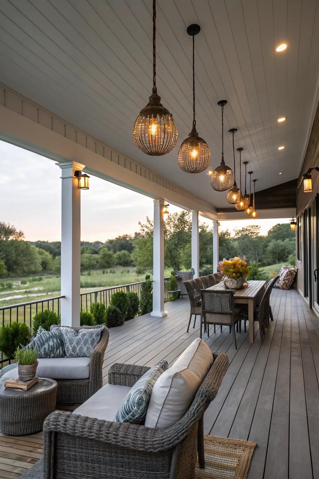 Hanging pendant lights create an intimate dining atmosphere on a covered deck.