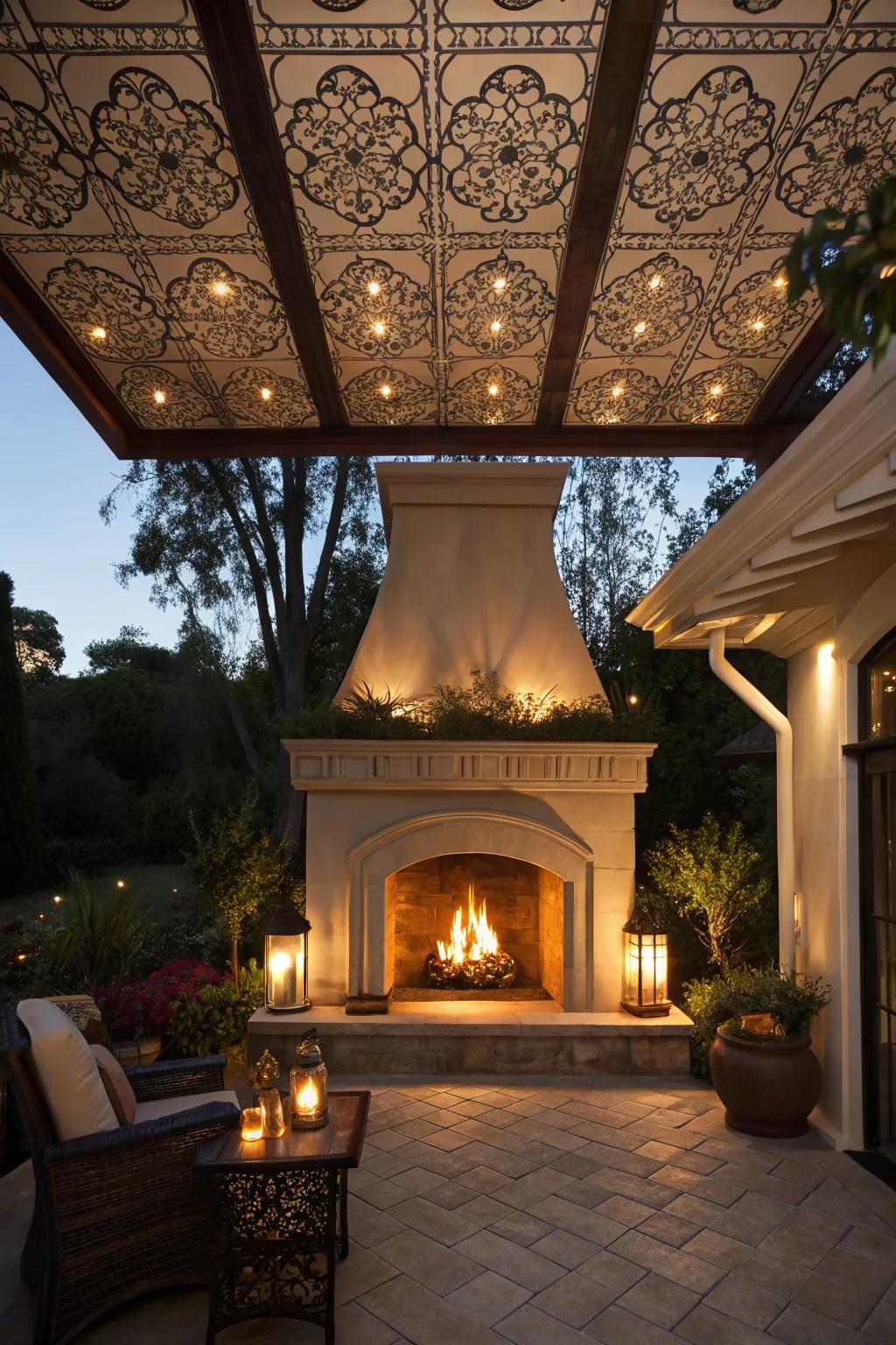 A chic outdoor fireplace with a beautifully designed ceiling.