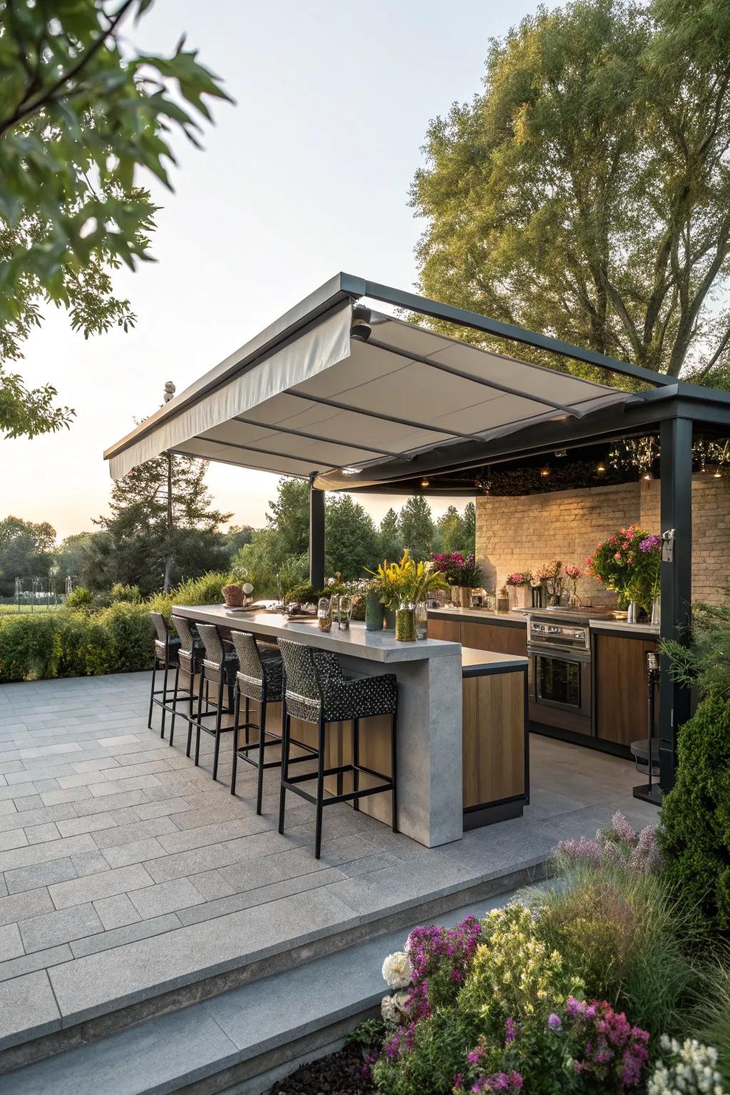 A solid roof ensures comfort and usability for this outdoor kitchen bar.
