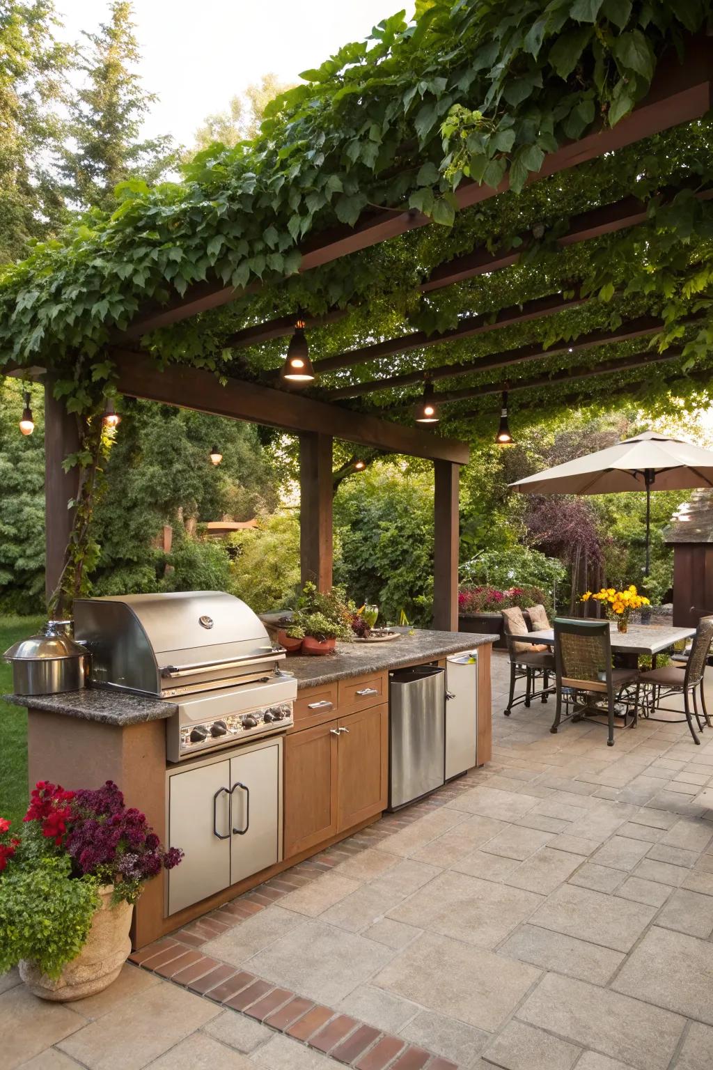 Cook and entertain with a pergola-adorned outdoor kitchen.