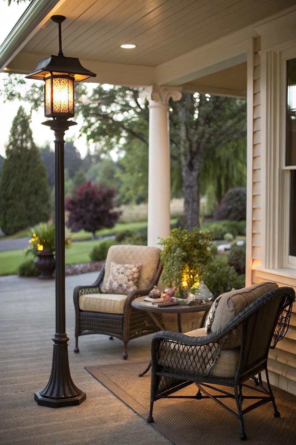 Outdoor floor lamps define and illuminate cozy spaces.