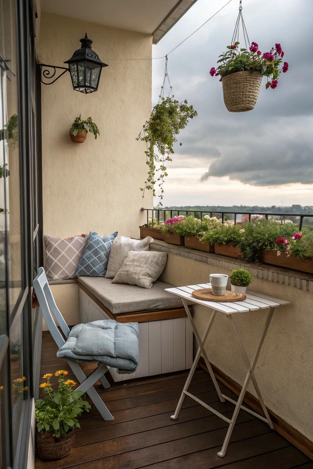 Multi-functional furniture maximizes utility on the balcony.