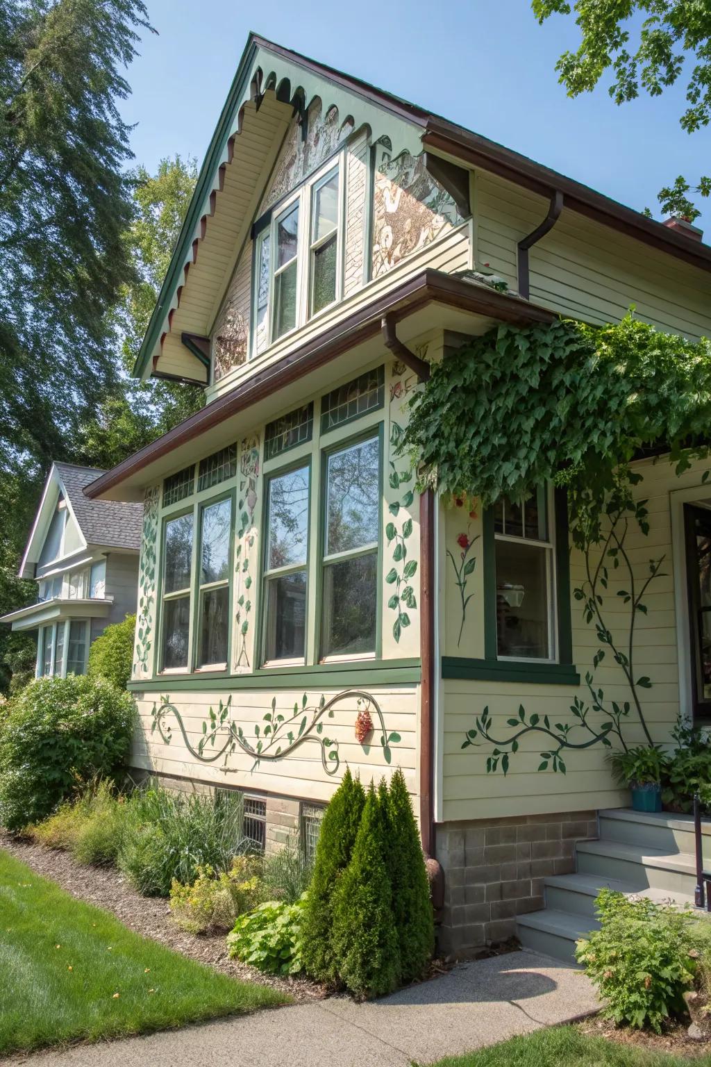 Whimsical touch: Nature-inspired motifs in window trim.