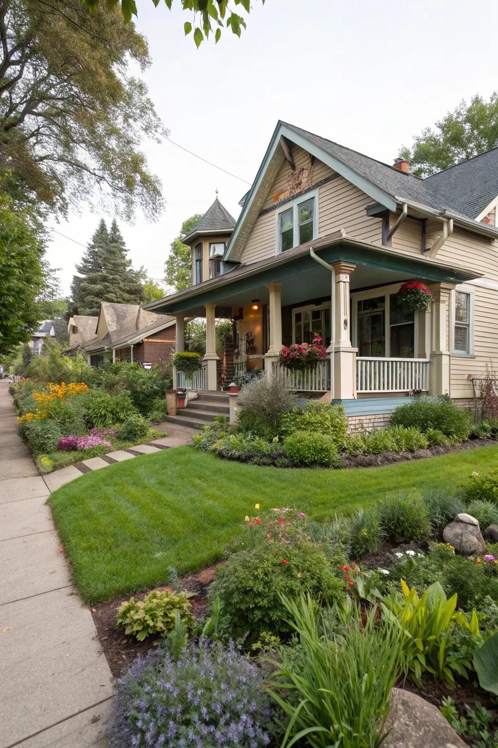 Minimal lawn areas allow for more dynamic plantings around this craftsman house.