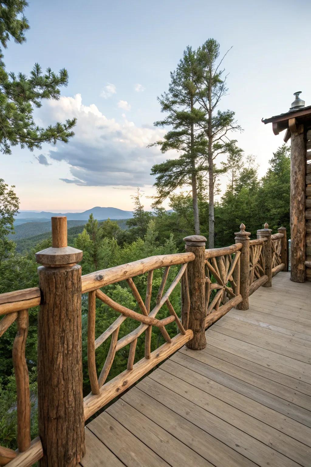 Rustic log elements bring cabin-like charm to craftsman railings.