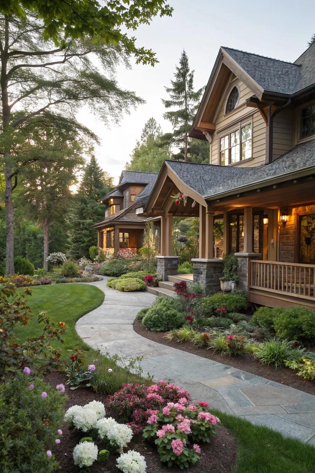 Landscaped gardens create a welcoming extension of this Craftsman home.