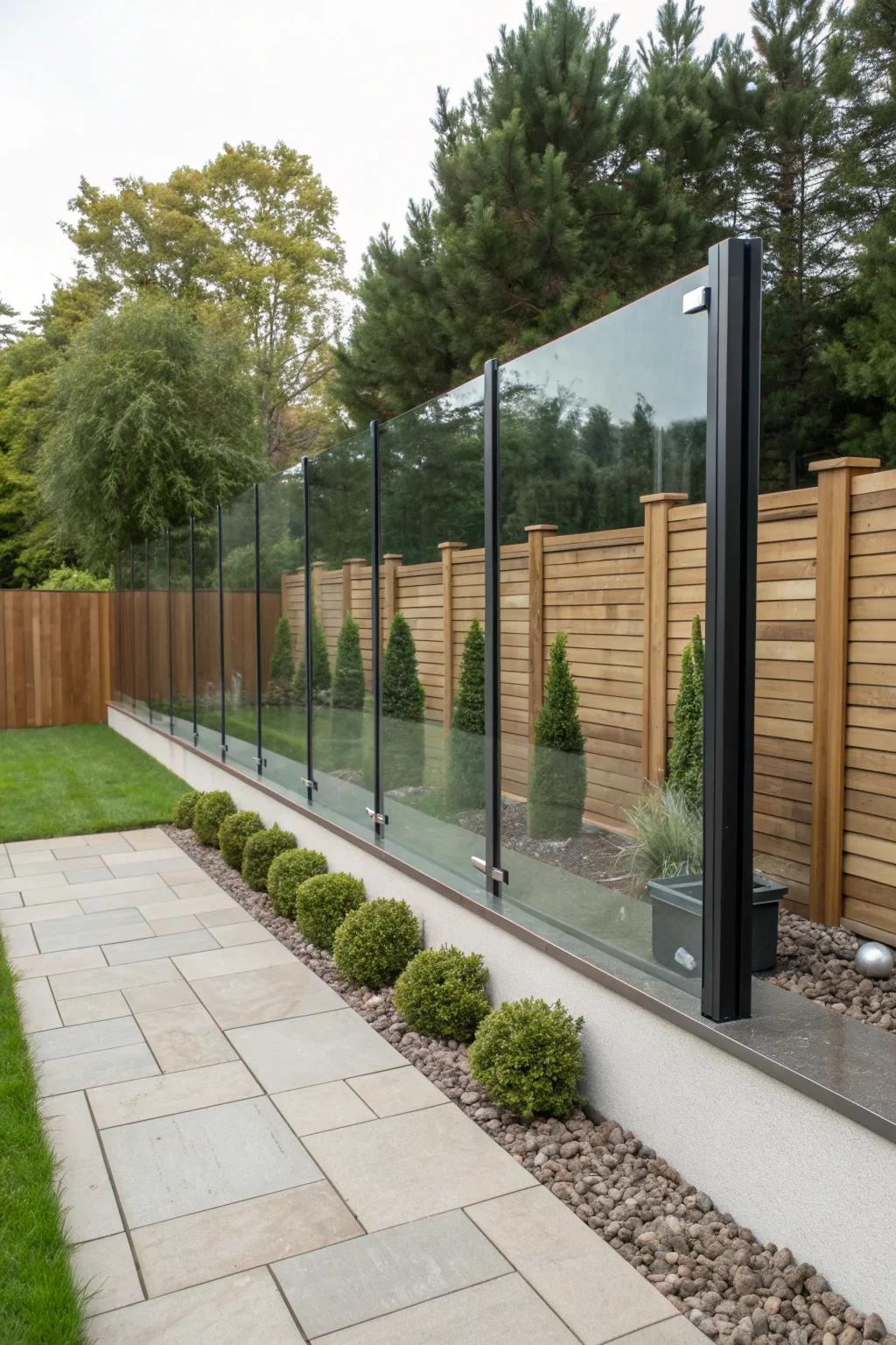 A modern fence with glass panels allowing light to flow through.