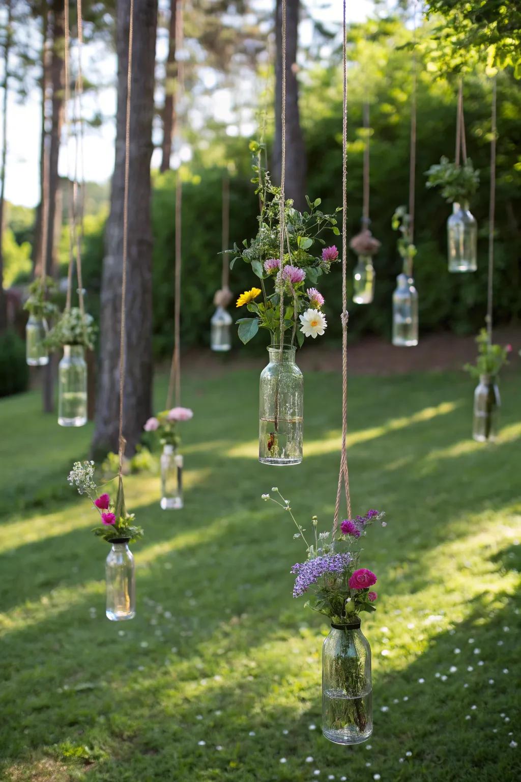 Repurpose glass bottles as charming hanging planters.