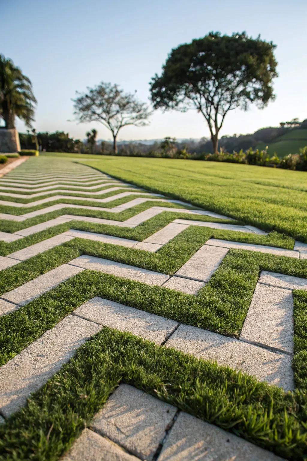 Chevron patterns offer a sleek and stylish lawn design.