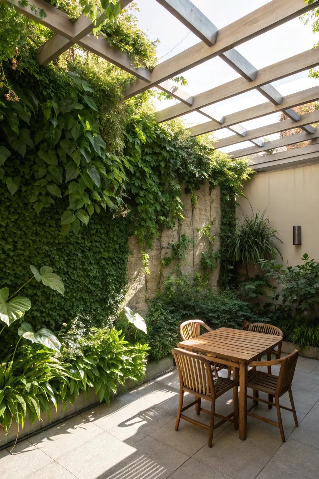 Living walls offer green shade and a natural aesthetic.