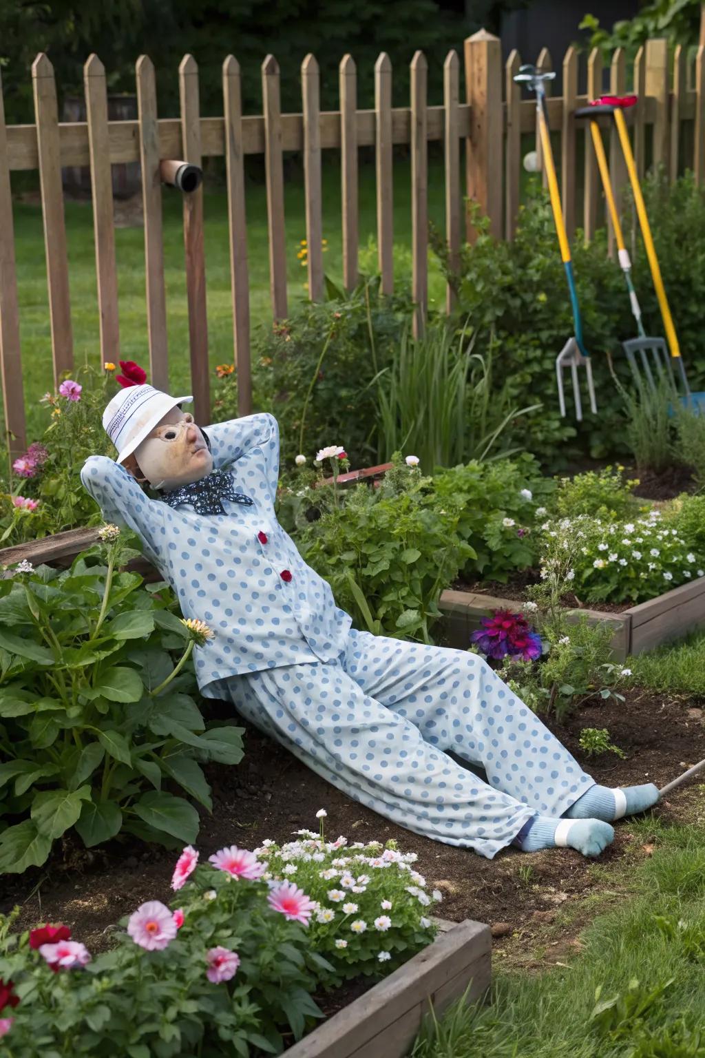 A pajama party scarecrow enjoying a laid-back garden vibe.