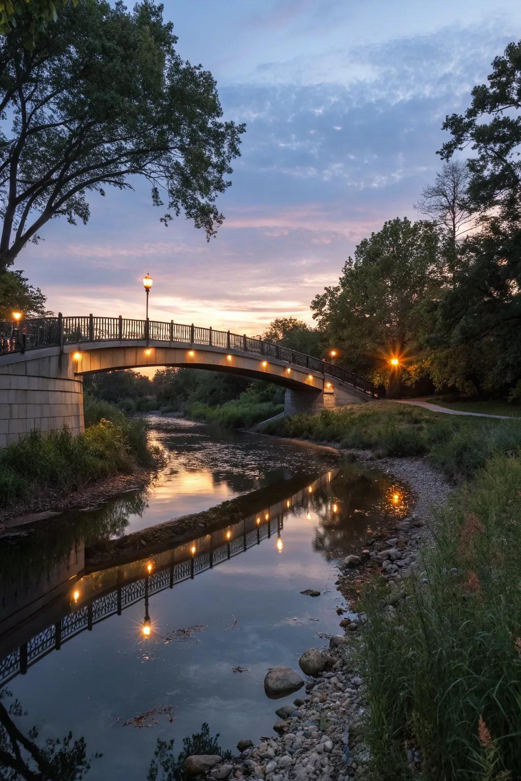 An illuminated bridge creates a magical nighttime garden experience.