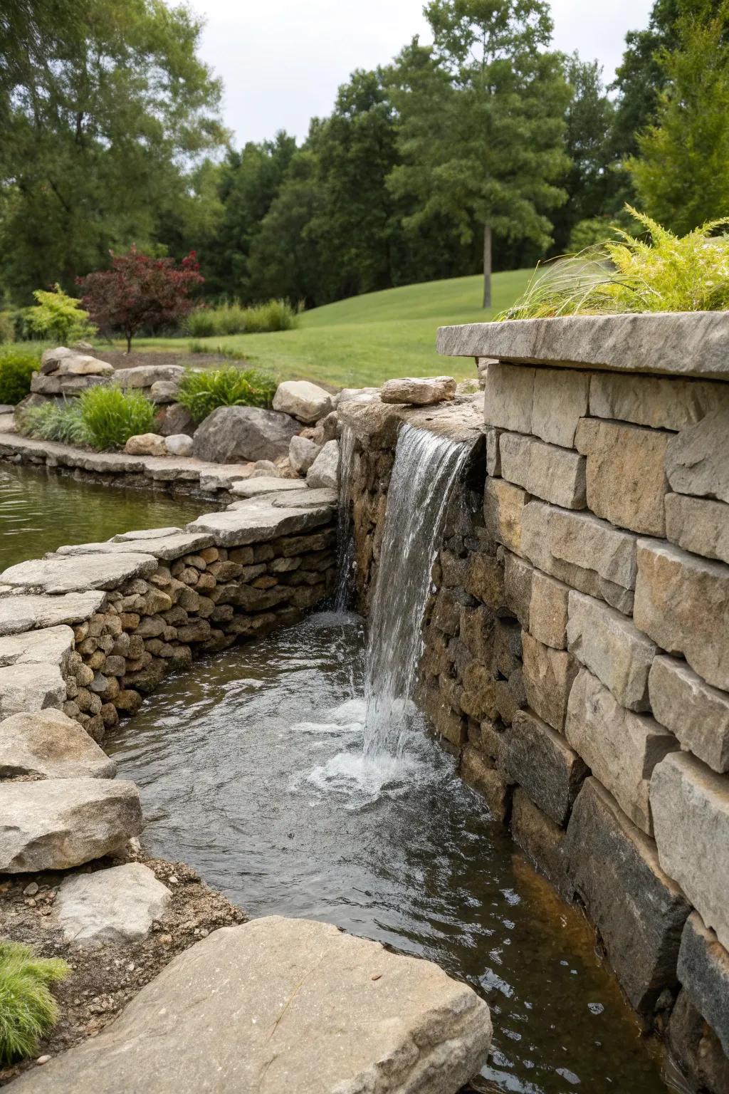 Waterfall features add movement and tranquility to creek landscapes.
