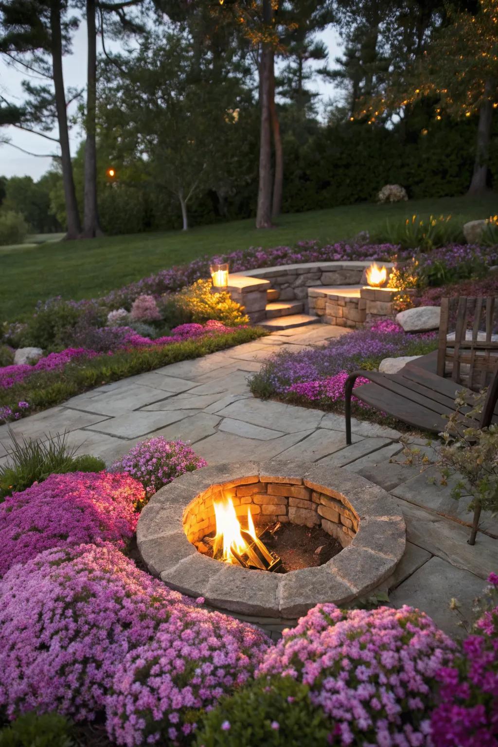 Creeping phlox enhancing a fire pit area.