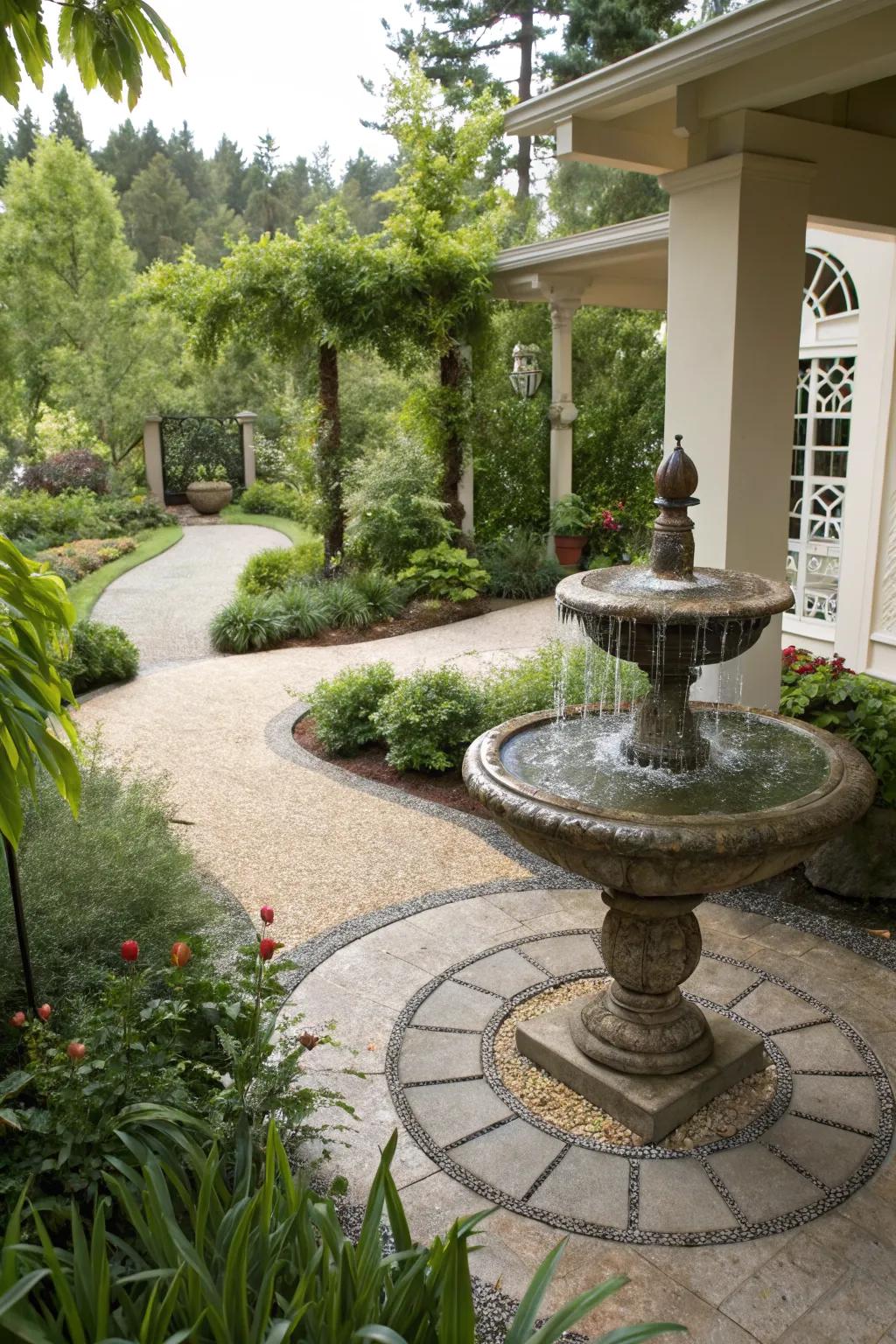 Water features on crushed granite patios add serenity and elegance.