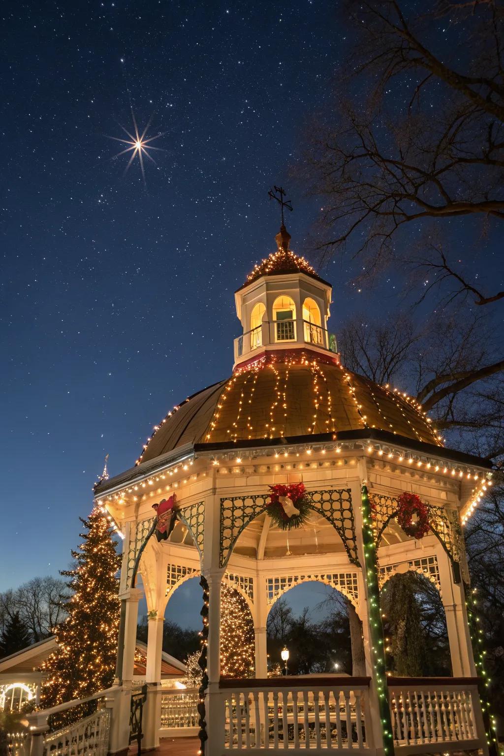 Seasonal lighting adding festive cheer to a cupola.